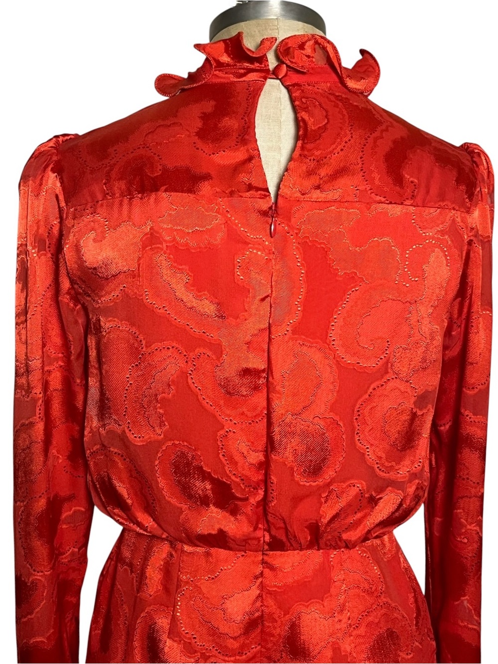 Saloni Rina B Mini Dress Women's Silk Jacquard Ruffle Puff Sleeve Poppy Red 4 - Picture 8 of 14